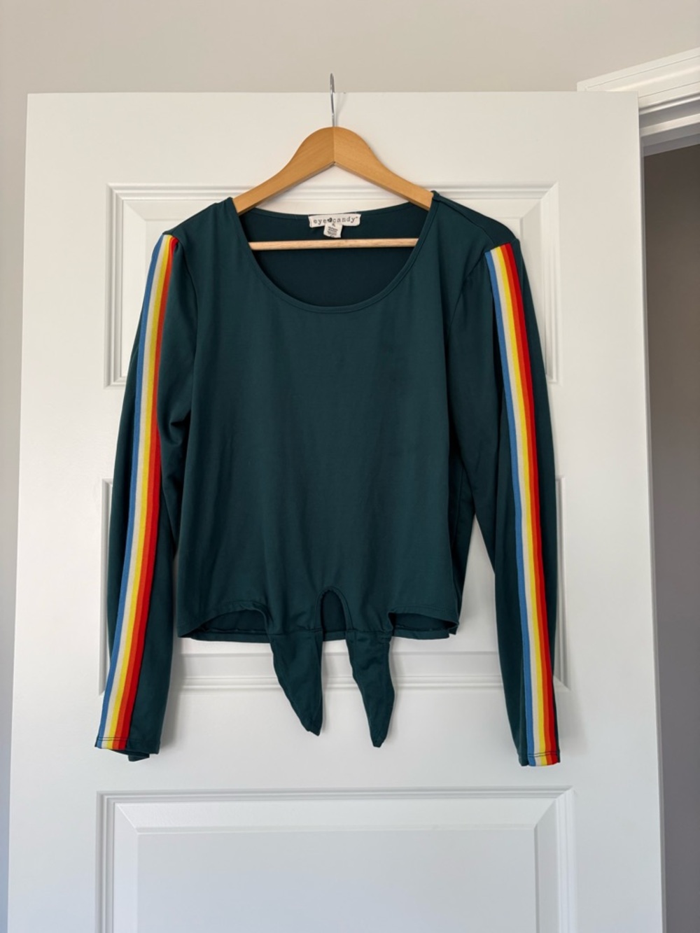 Eye Candy Teal Long-Sleeve Top with Rainbow Sleeve Stripes Size XL Y2K Inspired